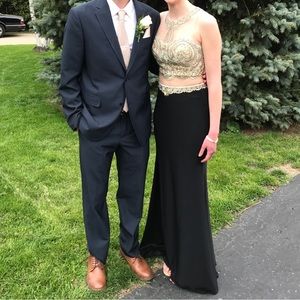 Two piece black and gold prom dress